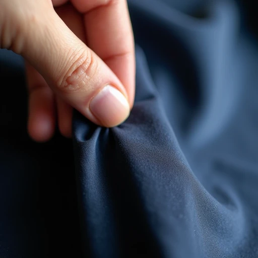 Close-up of deep navy silk crepe de chine vintage dress fabric held between fingertips, catching soft window light to reveal subtle sheen and fine pebbled texture in a quiet Brooklyn apartment.