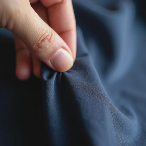 Close-up of deep navy silk crepe de chine vintage dress fabric held between fingertips, catching soft window light to reveal subtle sheen and fine pebbled texture in a quiet Brooklyn apartment.