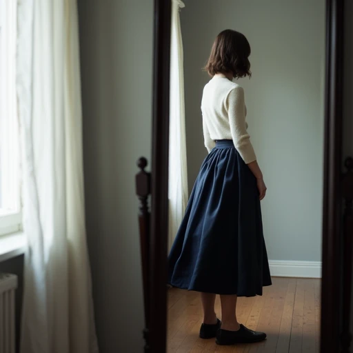 Woman in a cream cashmere sweater and navy bias-cut silk skirt standing before a mirror, reflection blurred with the skirt catching soft movement, in a quiet Brooklyn apartment with grey morning light.