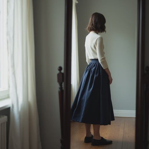 Woman in a cream cashmere sweater and navy bias-cut silk skirt standing before a mirror, reflection blurred with the skirt catching soft movement, in a quiet Brooklyn apartment with grey morning light.