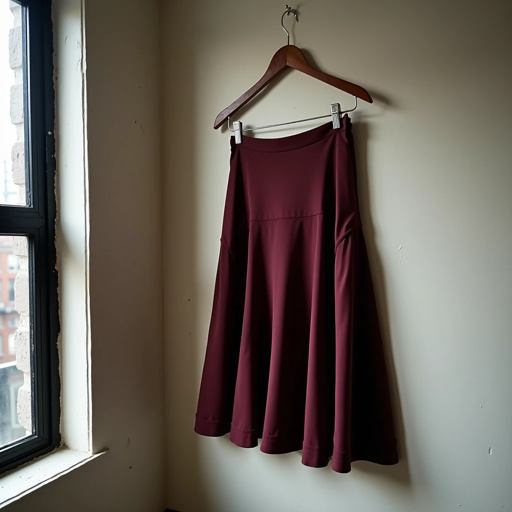Vintage burgundy bias-cut rayon crepe midi skirt hanging on a wooden hanger, fabric draping softly with visible matte texture, in a quiet Brooklyn apartment on a rainy day.