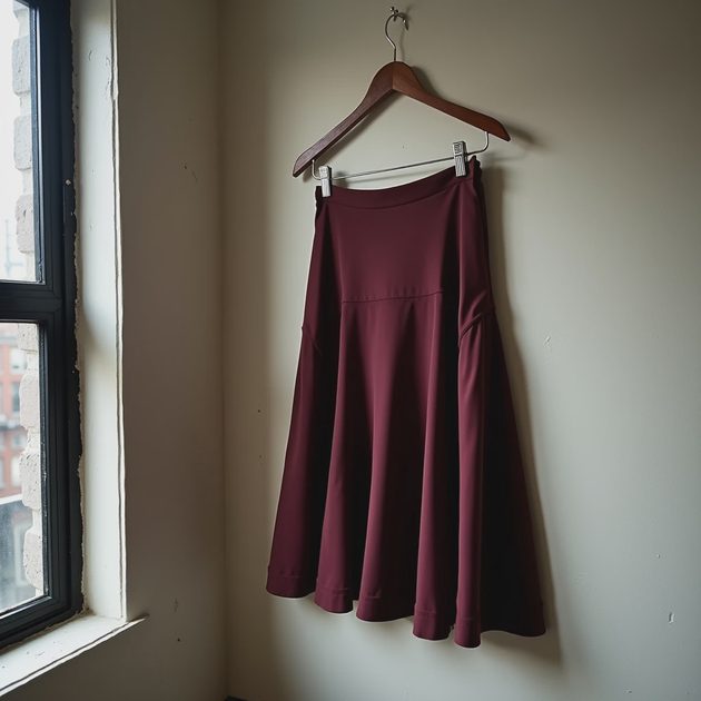 Vintage burgundy bias-cut rayon crepe midi skirt hanging on a wooden hanger, fabric draping softly with visible matte texture, in a quiet Brooklyn apartment on a rainy day.