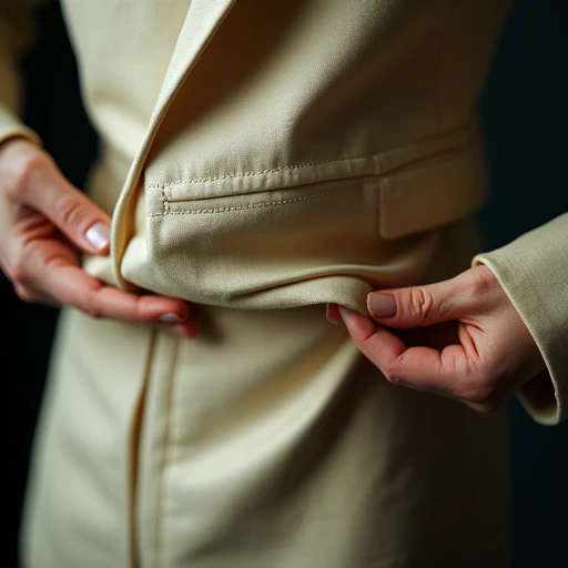 Vintage blazer turned inside out revealing ivory silk lining with a faded union label, held gently in bare hands inspecting hidden seams and stitching quality in a quiet Brooklyn apartment.