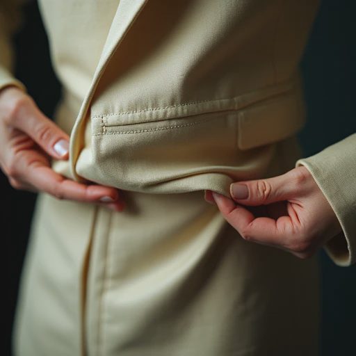 Vintage blazer turned inside out revealing ivory silk lining with a faded union label, held gently in bare hands inspecting hidden seams and stitching quality in a quiet Brooklyn apartment.