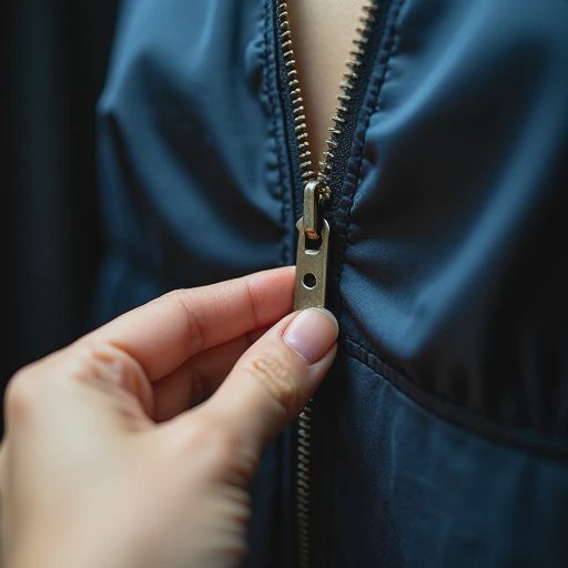 Close-up of a vintage metal zipper on a navy silk dress, fingers gently testing the pull as teeth catch unevenly and zipper tape frays near the bottom, in a dim thrift shop fitting room.