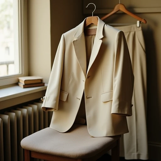 Soft cream wool trouser suit jacket with relaxed collarless shoulders draped over a wooden café chair, vintage paperback resting on the seat, in a quiet Brooklyn apartment with warm afternoon light.