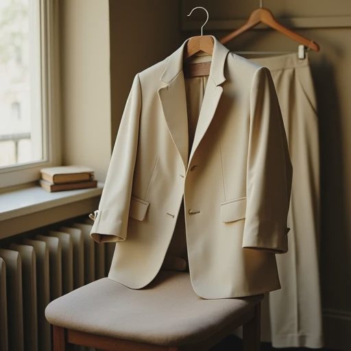 Soft cream wool trouser suit jacket with relaxed collarless shoulders draped over a wooden café chair, vintage paperback resting on the seat, in a quiet Brooklyn apartment with warm afternoon light.