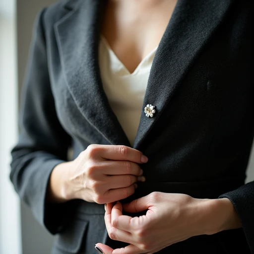 Woman's hands adjusting a single covered button at the waist of a sculptural charcoal wool bouclé jacket, a vintage brooch waiting in the other hand, in a softly lit Brooklyn apartment.