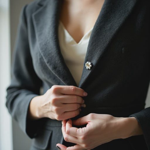 Woman's hands adjusting a single covered button at the waist of a sculptural charcoal wool bouclé jacket, a vintage brooch waiting in the other hand, in a softly lit Brooklyn apartment.