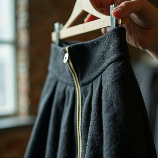 Vintage charcoal wool skirt turned inside out on a wooden hanger, fingertips gently holding the interior side seam with neat cream bound finishing and even stitching, in a dimly lit Brooklyn thrift shop.