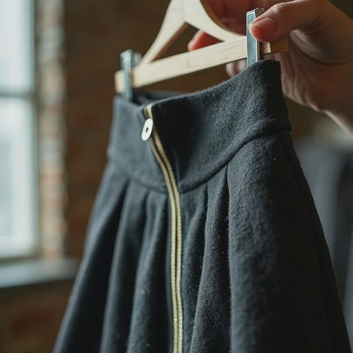 Vintage charcoal wool skirt turned inside out on a wooden hanger, fingertips gently holding the interior side seam with neat cream bound finishing and even stitching, in a dimly lit Brooklyn thrift shop.