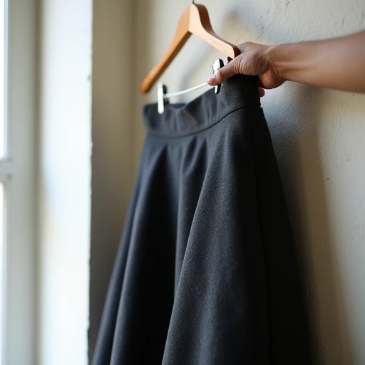 Vintage charcoal wool A-line skirt hanging on a wooden hanger, one hand lifting the weighted hem to reveal a deep folded construction detail, in a softly lit Brooklyn apartment.