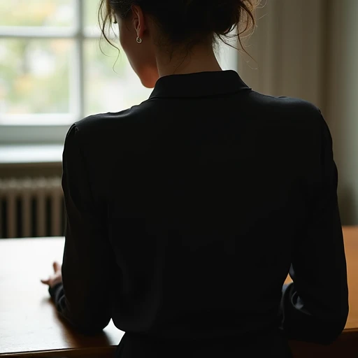 Woman from behind in a high-necked black silk blouse with long sleeves and covered collarbone, standing composed with one hand resting on a wooden table in quiet Brooklyn apartment light.