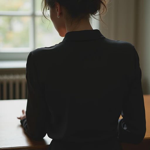 Woman from behind in a high-necked black silk blouse with long sleeves and covered collarbone, standing composed with one hand resting on a wooden table in quiet Brooklyn apartment light.