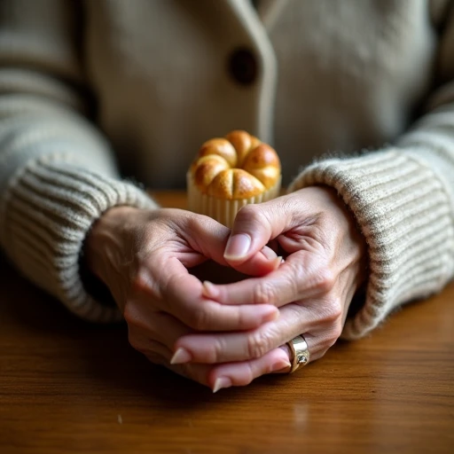 Elderly woman's hands in a well-loved oatmeal wool cardigan with stretched cuffs and mismatched buttons, resting on a wooden bakery counter holding a small paper bag in warm morning light.