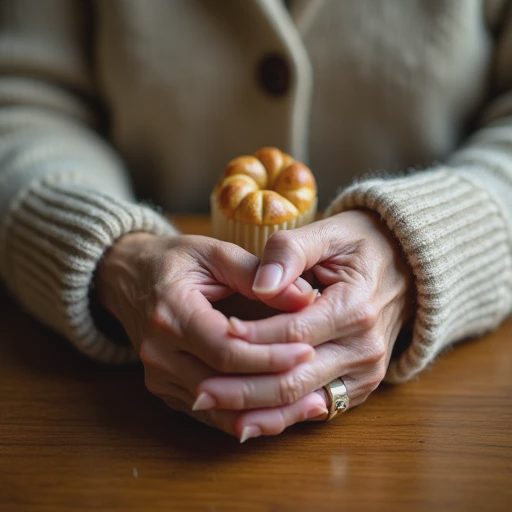 Elderly woman's hands in a well-loved oatmeal wool cardigan with stretched cuffs and mismatched buttons, resting on a wooden bakery counter holding a small paper bag in warm morning light.