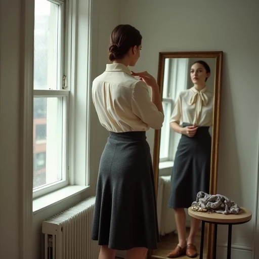 Woman before a vintage mirror in a Brooklyn entryway, fingers pausing at the bow of her cream silk blouse as she removes one detail, a brooch and scarf set aside on a nearby table.