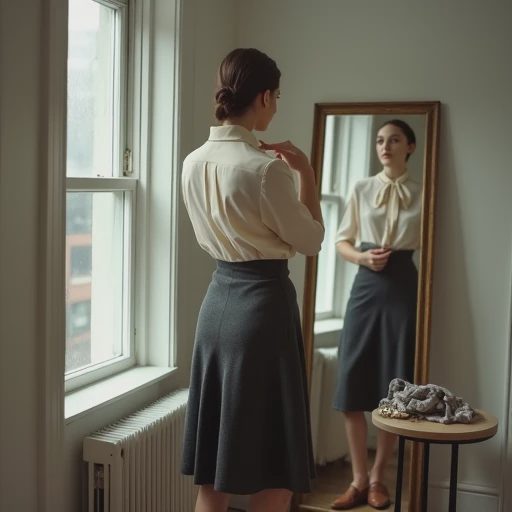 Woman before a vintage mirror in a Brooklyn entryway, fingers pausing at the bow of her cream silk blouse as she removes one detail, a brooch and scarf set aside on a nearby table.