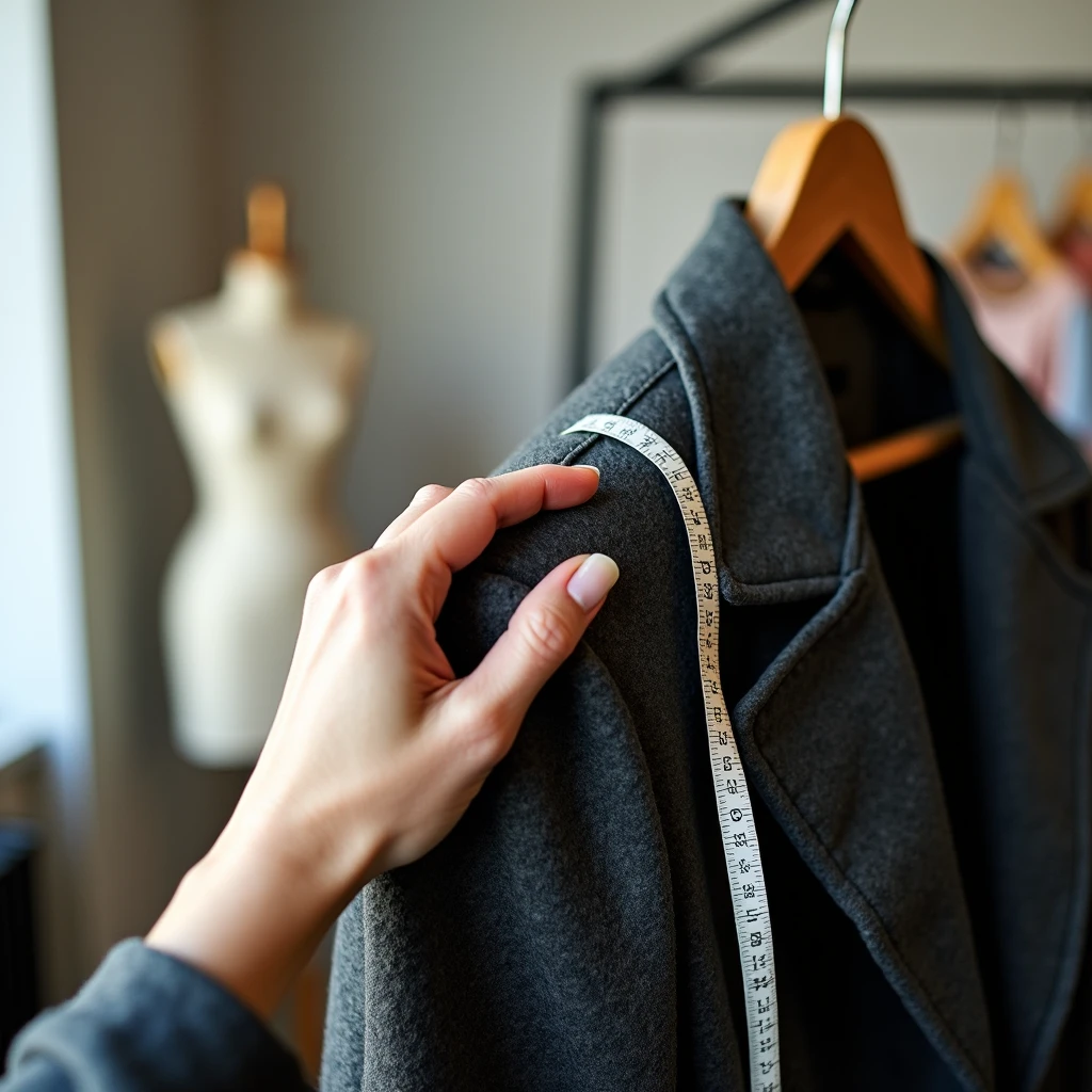 Woman's fingertips gently pressing the shoulder seam of a vintage charcoal wool jacket on a wooden hanger, checking the fit as the seam sits too wide, in a softly lit Brooklyn tailor shop.