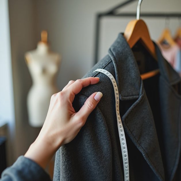 Woman's fingertips gently pressing the shoulder seam of a vintage charcoal wool jacket on a wooden hanger, checking the fit as the seam sits too wide, in a softly lit Brooklyn tailor shop.
