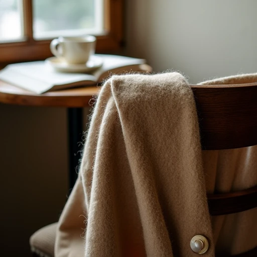 Fawn brown vintage cashmere cardigan with mother-of-pearl buttons draped over a wooden café chair, soft brushed texture and a tiny chip on one button, morning light in a quiet Brooklyn café.