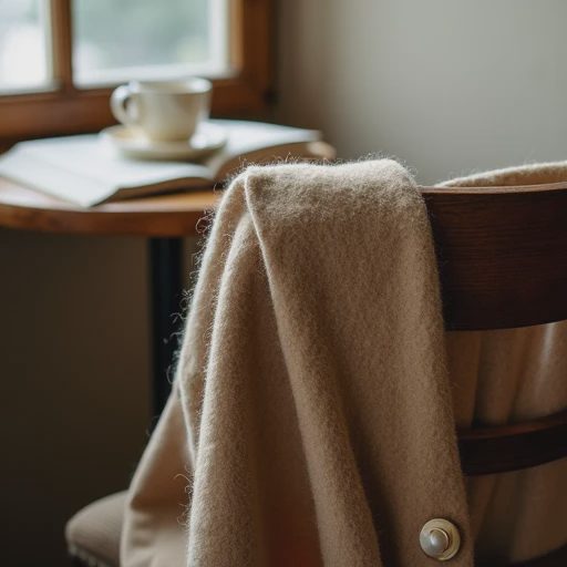Fawn brown vintage cashmere cardigan with mother-of-pearl buttons draped over a wooden café chair, soft brushed texture and a tiny chip on one button, morning light in a quiet Brooklyn café.