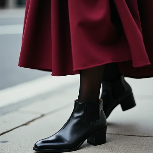 Woman's feet in black leather ankle boots with low stacked heel walking on a Brooklyn sidewalk, burgundy midi skirt hem swaying mid-stride above the boot shaft on an overcast morning.