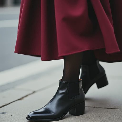 Woman's feet in black leather ankle boots with low stacked heel walking on a Brooklyn sidewalk, burgundy midi skirt hem swaying mid-stride above the boot shaft on an overcast morning.