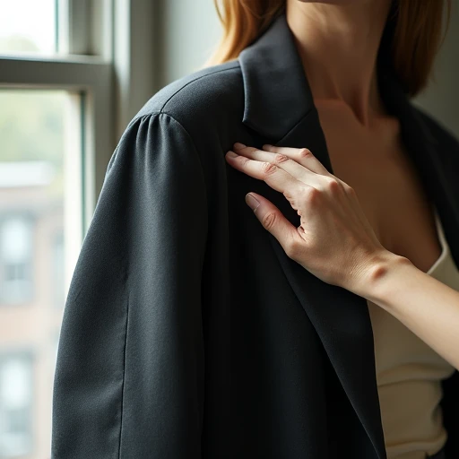 Woman's fingertips gently pressing the defined shoulder seam of a vintage 1940s charcoal wool gabardine jacket on a wooden hanger, cream silk camisole visible beneath, in soft grey Brooklyn morning light.