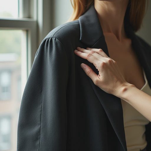 Woman's fingertips gently pressing the defined shoulder seam of a vintage 1940s charcoal wool gabardine jacket on a wooden hanger, cream silk camisole visible beneath, in soft grey Brooklyn morning light.