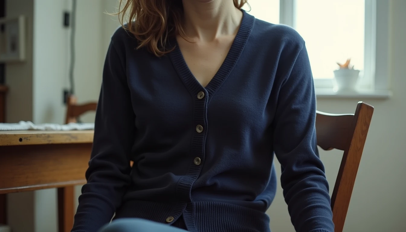 Simple navy blue merino wool cardigan draped over a wooden kitchen chair, soft knit texture catching grey morning light, the ordinary piece that taught Clara Vale to dress like herself in a quiet Brooklyn apartment.