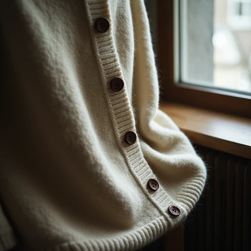 Oversized oatmeal wool cardigan with leather buttons draped over a wooden chair, soft brushed knit texture and a tiny moth hole near the hem, grey autumn light in a quiet Brooklyn apartment.