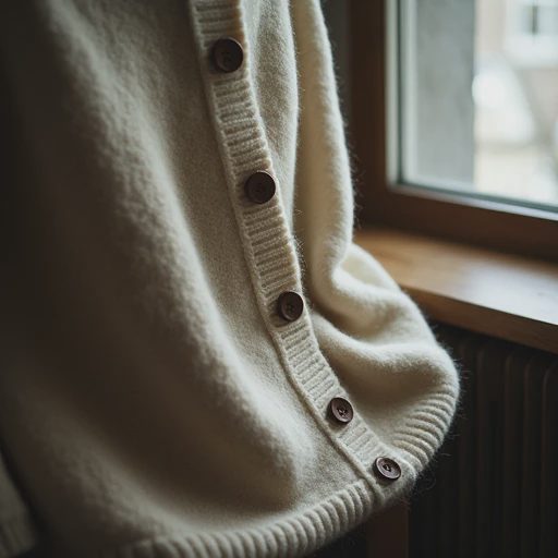 Oversized oatmeal wool cardigan with leather buttons draped over a wooden chair, soft brushed knit texture and a tiny moth hole near the hem, grey autumn light in a quiet Brooklyn apartment.