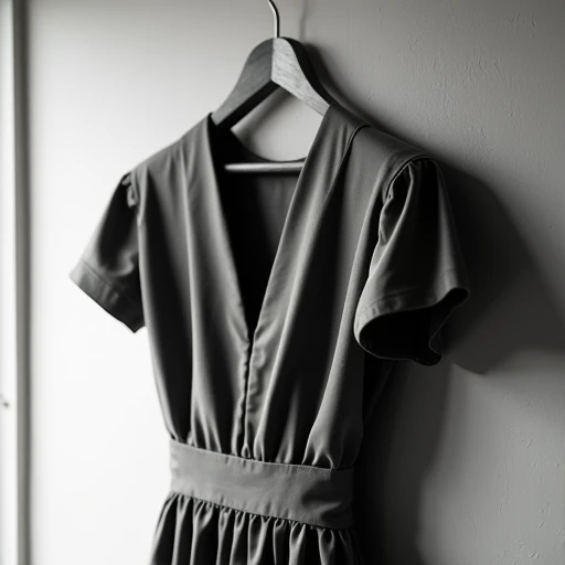 Black-and-white detail of a vintage 1940s dress on a wooden hanger, defined shoulder seam and soft unpressed waist gathers casting gentle vertical shadows against a cream plaster wall.
