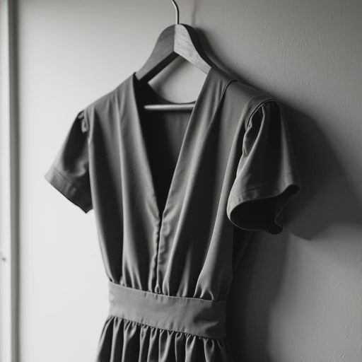 Black-and-white detail of a vintage 1940s dress on a wooden hanger, defined shoulder seam and soft unpressed waist gathers casting gentle vertical shadows against a cream plaster wall.