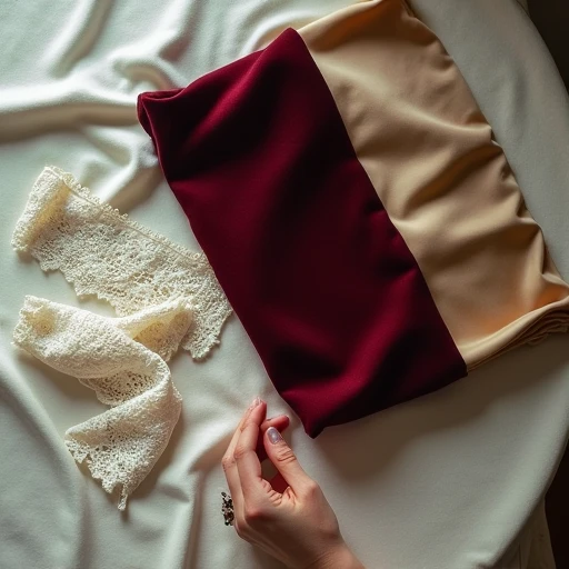 Ivory lace collar, burgundy matte velvet, and champagne silk satin swatches arranged beside a resting hand on a cream linen surface, a quiet textile study in a Brooklyn apartment.