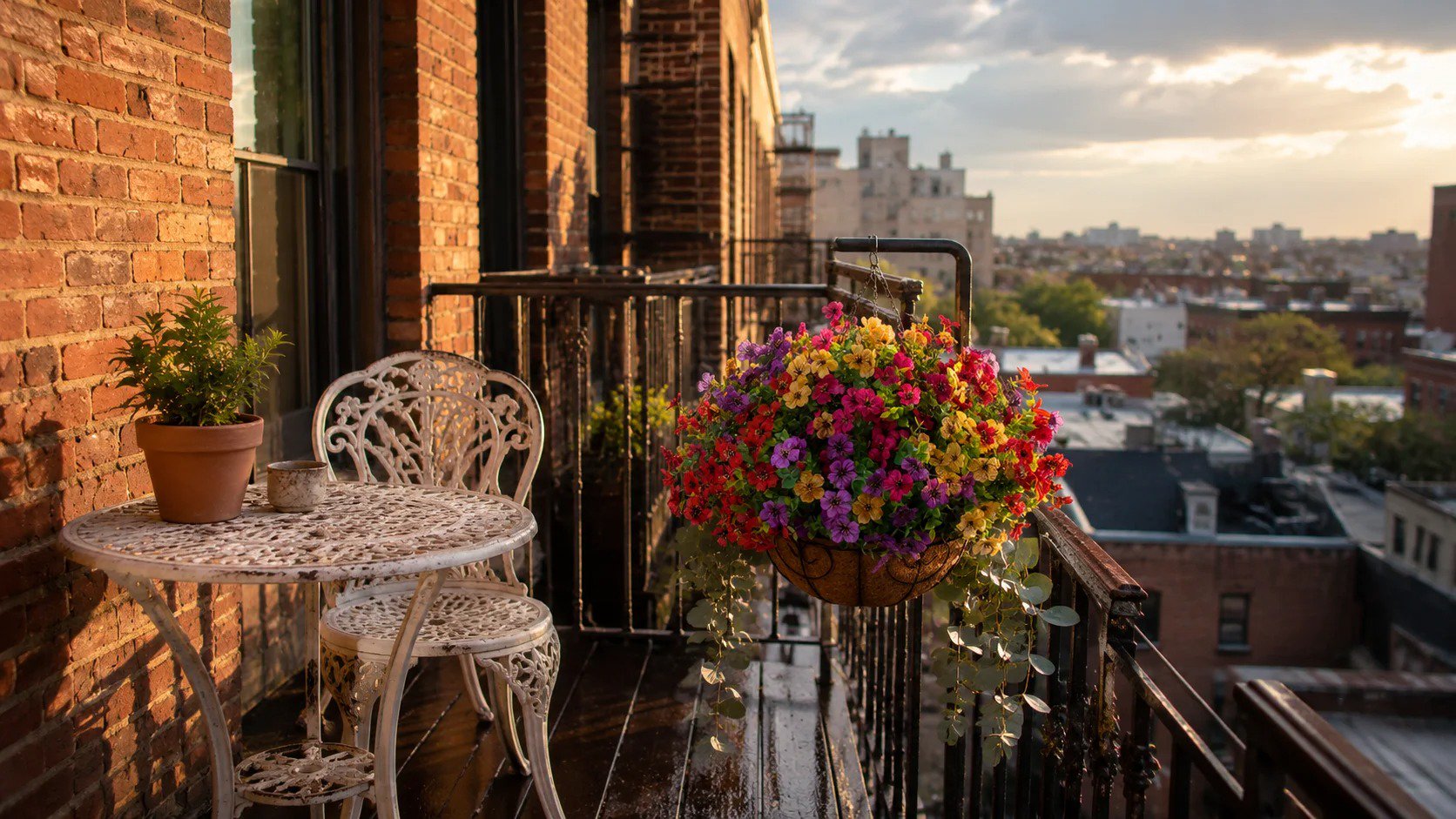 Eye-level view from an adjacent building of a Brooklyn balcony with white metal filigree bistro furniture and a smooth cone-shaped terracotta hanging basket overflowing with purple, yellow, and deep orange UV resistant fake daisies and faux eucalyptus, glowing in warm post-storm light