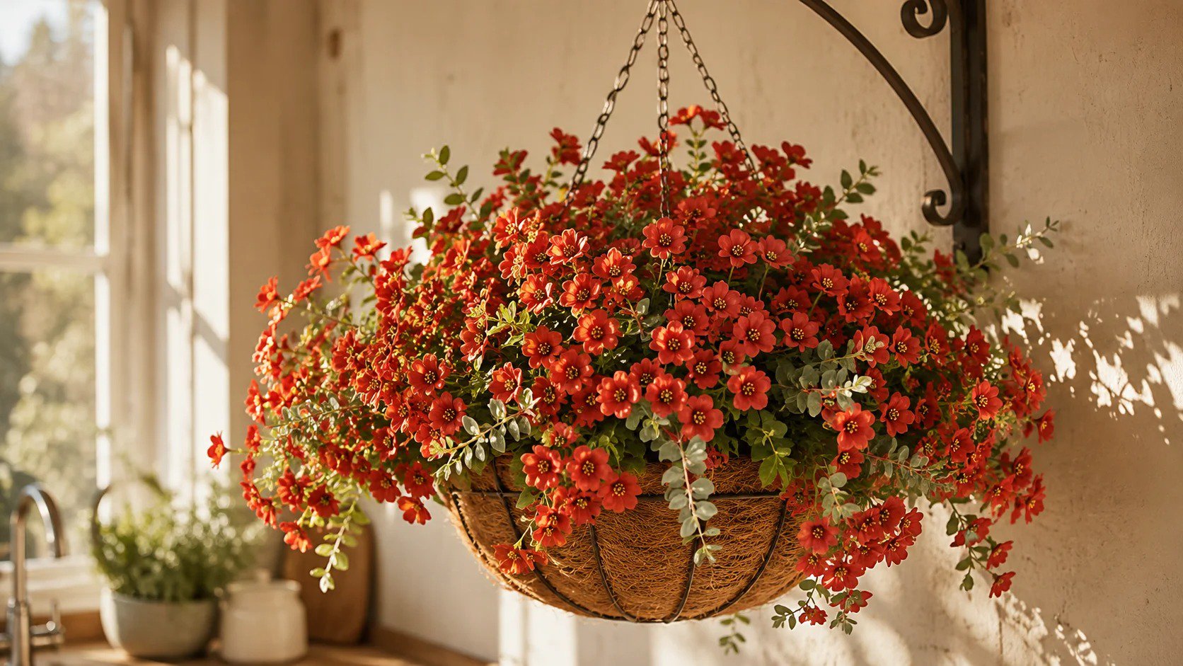 Close-up of an artificial hanging flowers basket with dense deep orange UV resistant fake daisies and faux hanging eucalyptus, suspended by a matte metal chain from a wall bracket beside a sunlit kitchen window