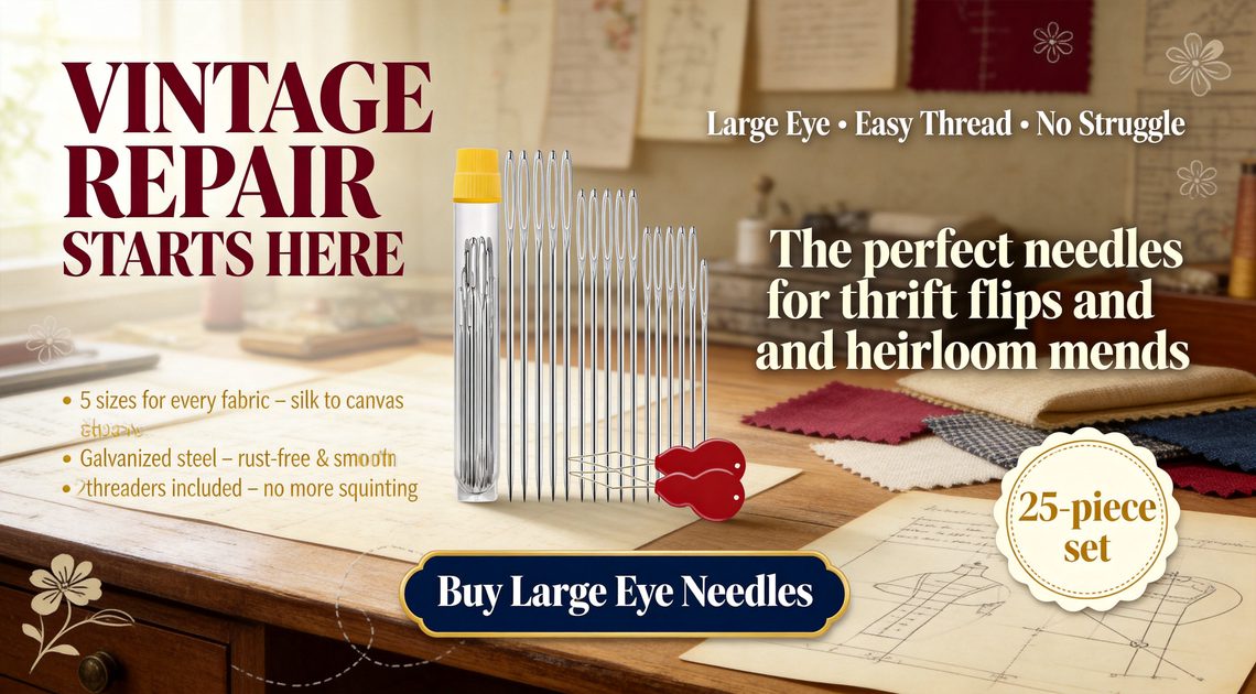 Vintage-inspired advertisement for large eye sewing needles set with threaders, ideal for thrift clothing repairs and alterations.