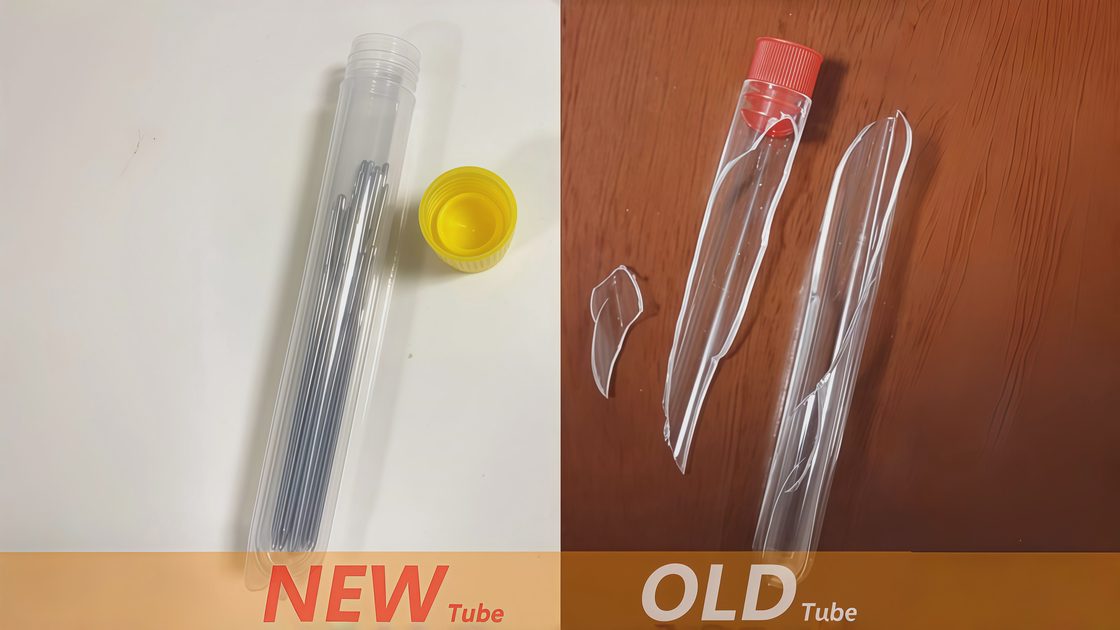 Side-by-side comparison of a cracked, flimsy old needle tube and a sturdy new transparent storage tube with secure cap, neatly holding 25 assorted large eye sewing needles.