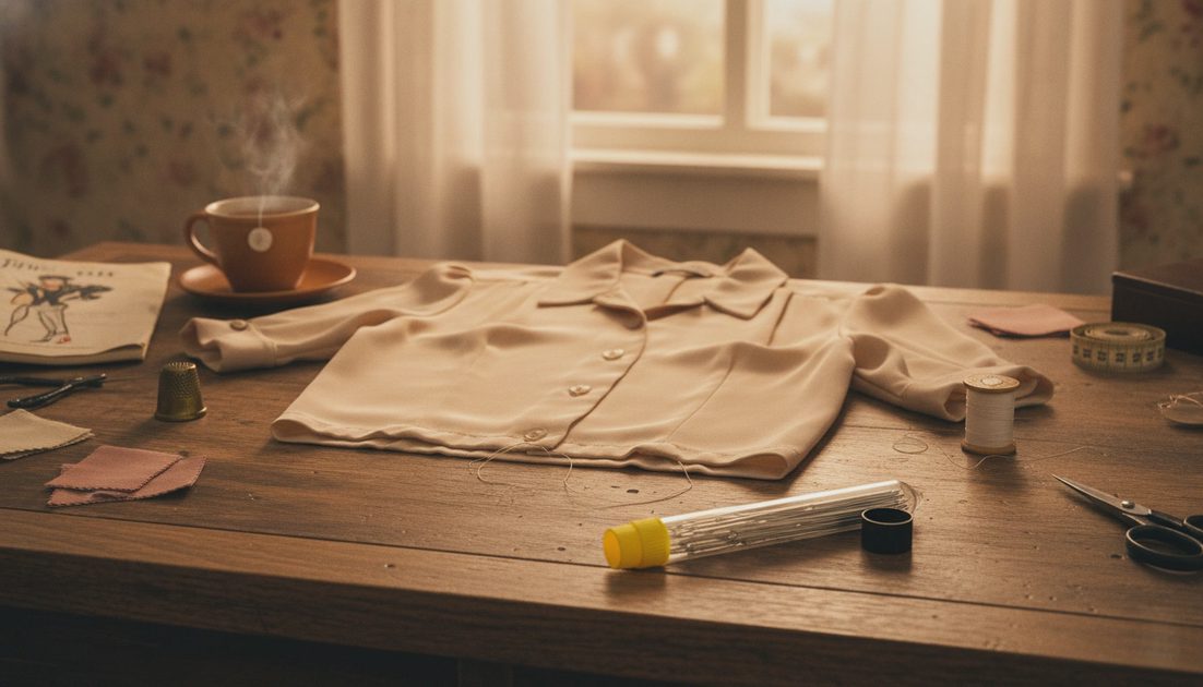 A champagne-colored 1940s silk blouse with a loose hem and missing button laid on a wooden desk, next to a bright yellow tube of assorted large eye sewing needles and thread, ready for repair.