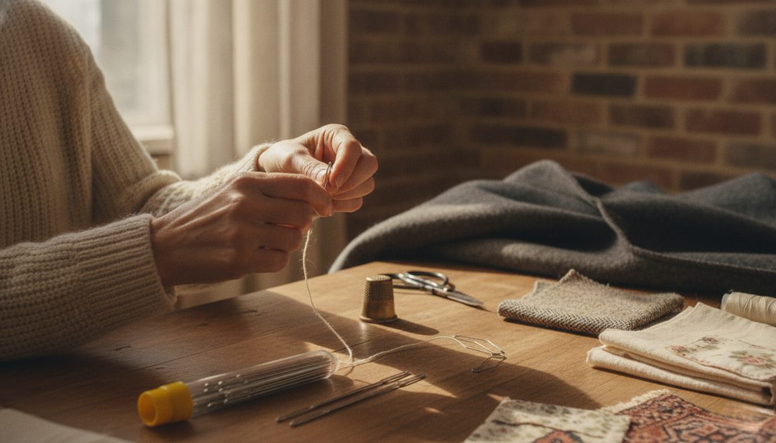 A woman's hands struggling to thread a large-eye sewing needle on a wooden worktable, surrounded by vintage mending tools, fabric swatches, a transparent tube of assorted sewing needles, and a charcoal wool coat awaiting repair.